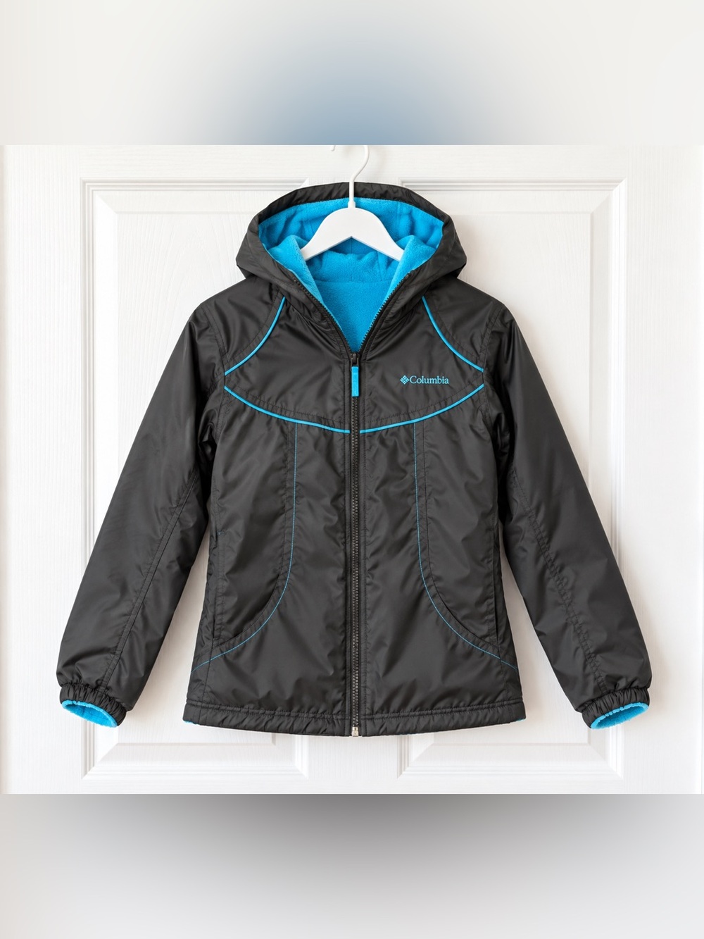 Columbia Girls Youth XL (14-16) Reversible Hooded Jacket Black Turquoise FullZip